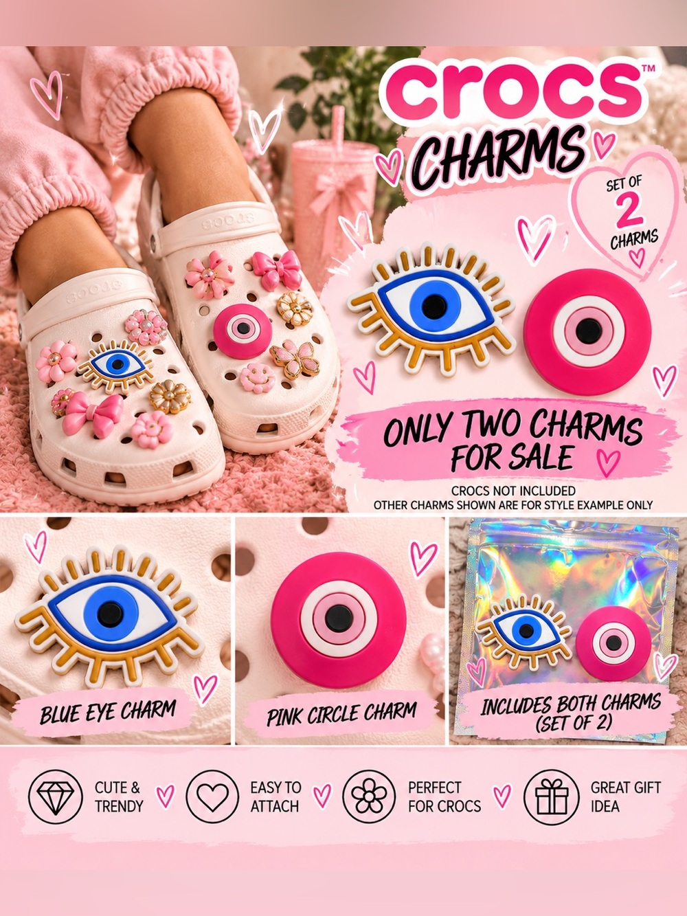 Blue and Pink Eye and Circle croc accessories